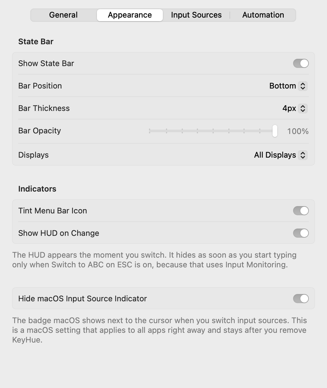 Appearance tab: State Bar options, menu bar icon, HUD and Hide macOS Input Source Indicator