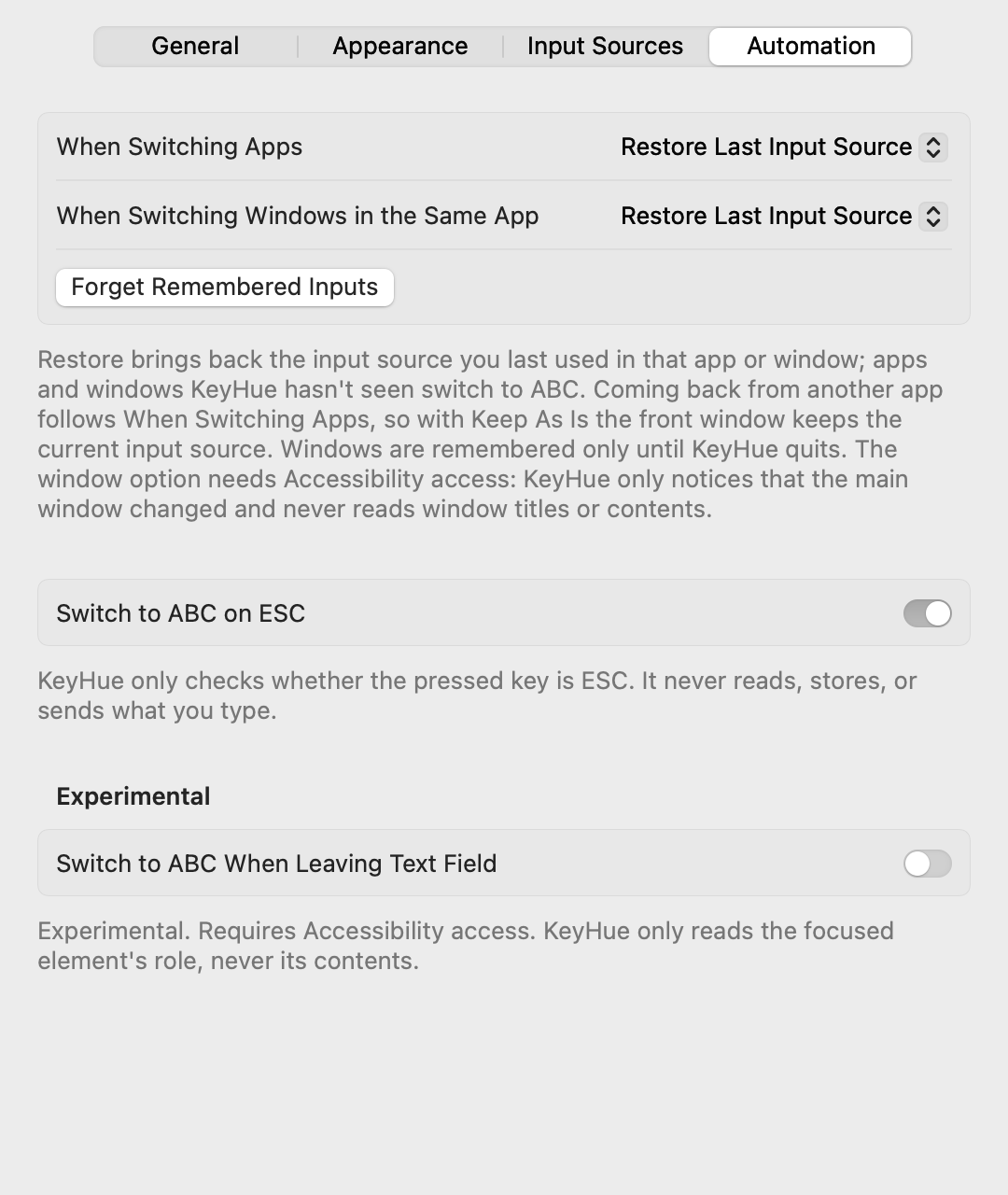 Automation tab: what to do when switching apps and windows, ESC, and the experimental text field option