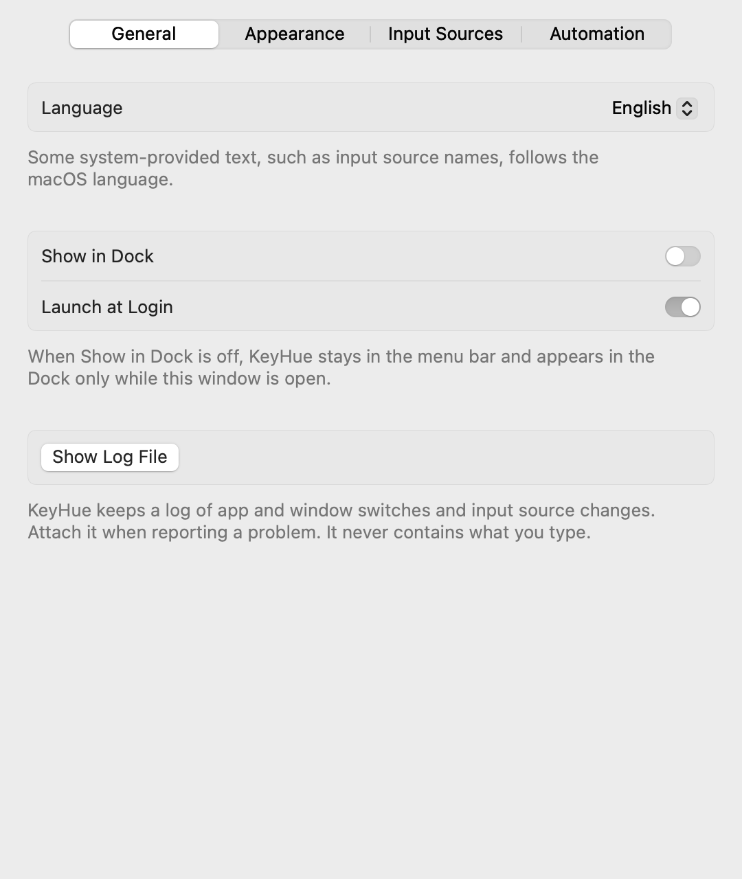 General tab: Language, Show in Dock, Launch at Login and Show Log File