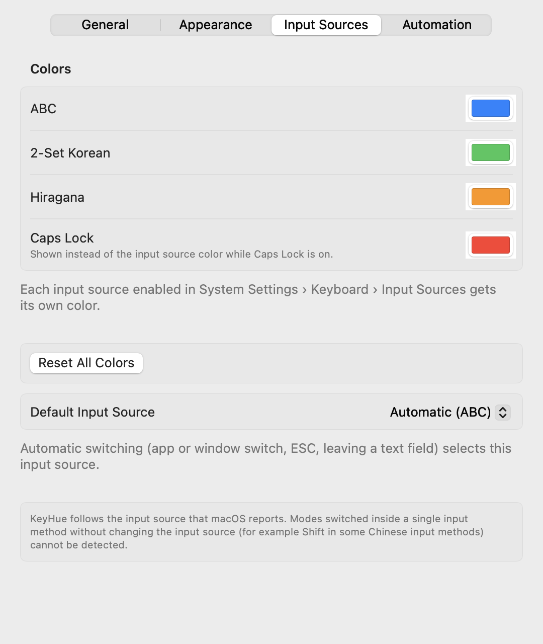 Input Sources tab: a color for each input source, Caps Lock color and Default Input Source