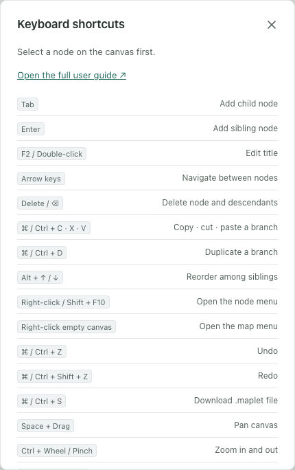 Shortcut help inside the app