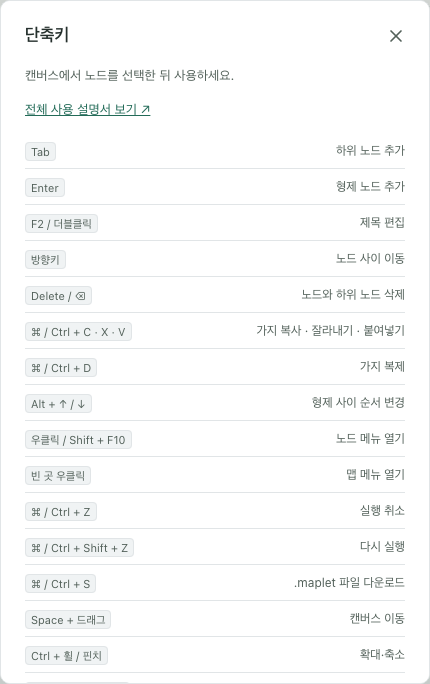 앱 안의 단축키 도움말